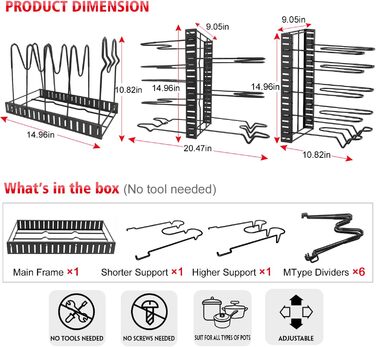 G-TING Pot Rack, 8 Tiers, Pot and Pan Organizer, Adjustable Lid Holders & Pan Rack for Kitchen, Countertop and Cabinet, Lid Organizer for Pots