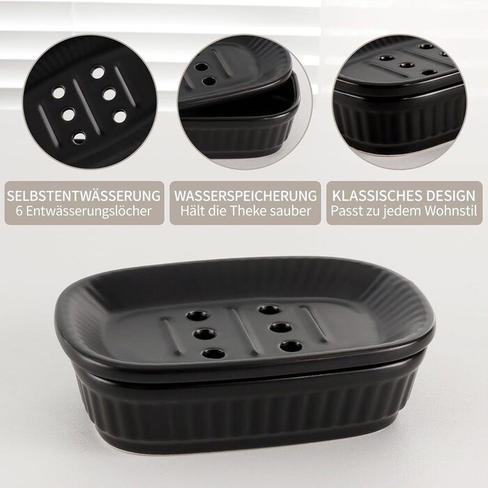 Набір для ванної кімнати NOVAJOY (5 шт.) з кераміки: органайзер, дозатор мила, мильниця, тримач для зубних щіток, контейнер для ватних паличок. Чорний колір.