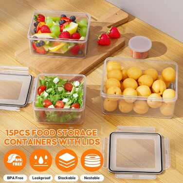Набір контейнерів для зберігання продуктів з кришкою, 30 шт. (15 контейнерів + 15 кришок), набір харчових контейнерів, не протікають, BPA-free, для Meal Prep