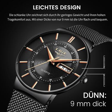 Годинник чоловічий LIGE з датою, водонепроникний, з нержавіючої сталі, аналоговий, вінтажний, кварцовий, чорний, для бізнесу, класичний, простий, з нержавіючої сталі, чоловічий годинник