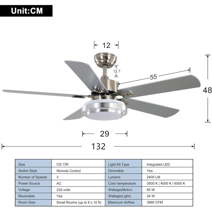 Вентилятор стельовий FINXIN з LED-лампою 132/122 см для спальні, вітальні, їдальні. 5 лопатей, Brushed Nickel, з пультом керування