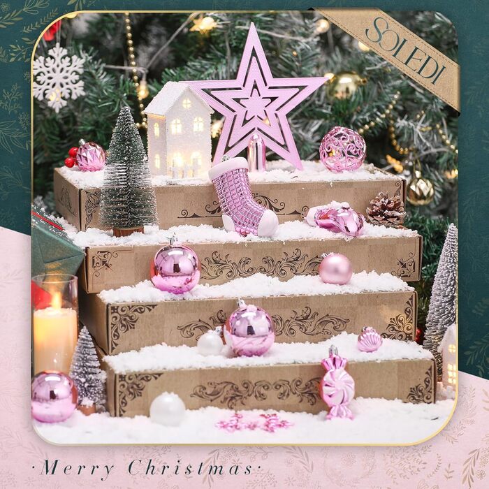 Набір ялинкових прикрас SOLEDI® 128шт. Преміум якість: рожеві та білі пластикові кулі з зіркою та верхівкою. Міцний та безпечний набір прикрас з петельками. Яскраві ялинкові кулі, багаторазовий декор для Різдва.