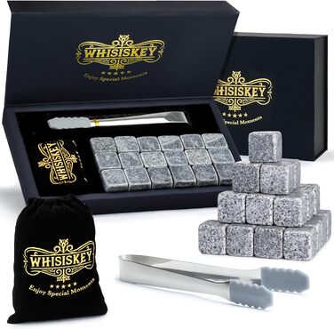 Набір для віскі WHISISKEY: 18 каменів та щипці - подарунок для чоловіка, аксесуари для віскі, багаторазові кубики льоду