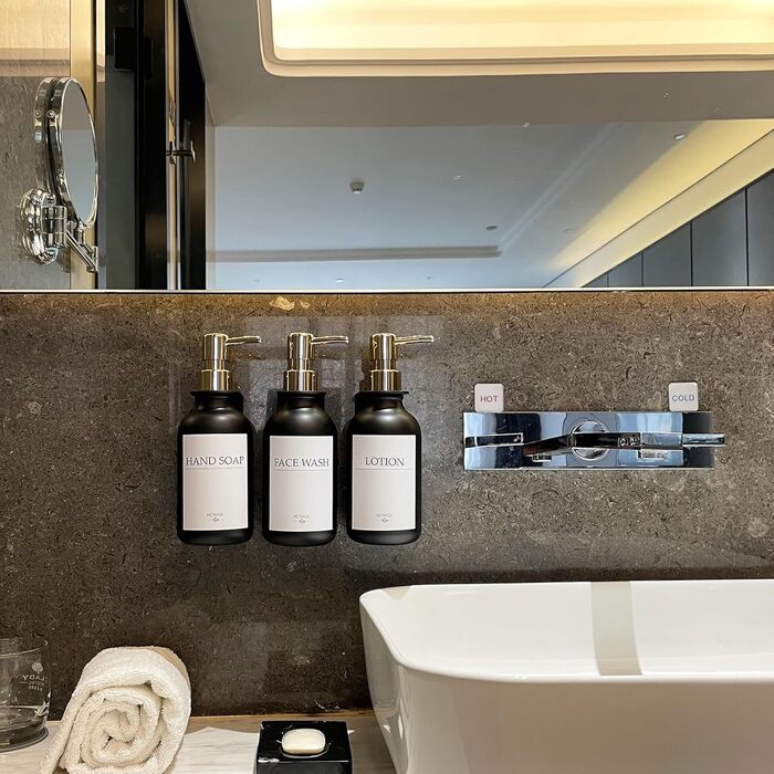 Набір дозаторів для мила та шампуню на стіну, 500 мл, 3 шт., без свердління, янтарний колір (чорна пляшка + золотий насос)