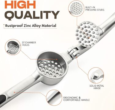 Прес для часнику з нержавіючої сталі, високоякісний, стійкий до іржі та придатний для миття в посудомийній машині, довговічний набір для подрібнення часнику з очищувачем та щіткою, матовий