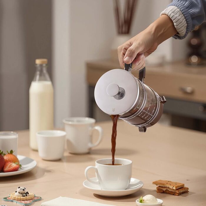 Френч-прес VEVOR 1 л з боросилікатного скла та нержавіючої сталі - для приготування кави, чаю, кемпінгу, подорожей, кухні, ресторану