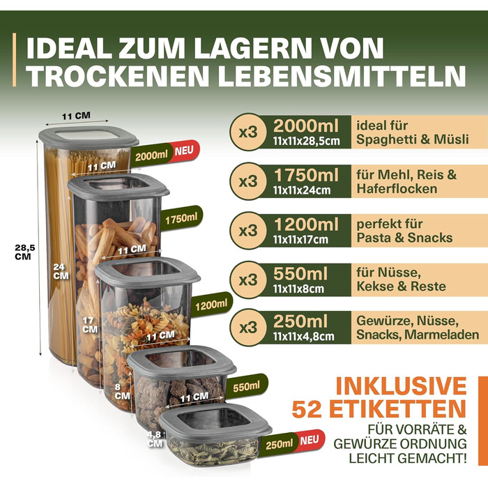 Набір контейнерів для зберігання продуктів з кришкою, 15 штук, BPA-Free, для круп, борошна, цукру, сіллю, сімейний набір для кухні
