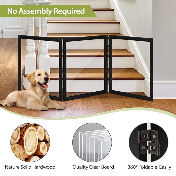 Дерев'яне воріт для собак, 4 панелі, широке, 76,2 см, розкладне, бар'єр для тварин, масивне дерево та сталевий дріт, захисне воріт для дверей, коридорів, 76 см заввишки