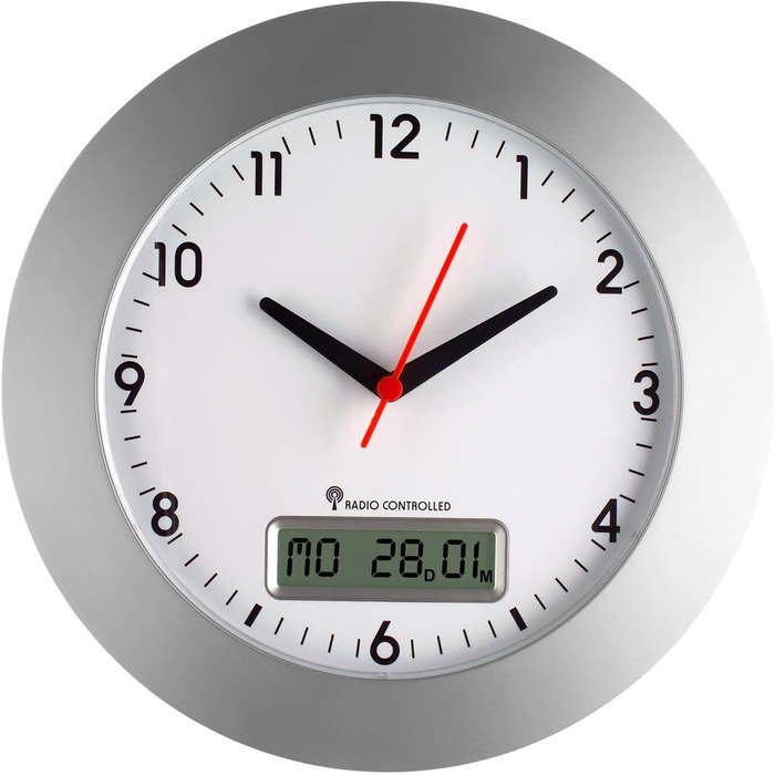 TFA Dostmann Analog Radio Wall Clock, 98.1092, Digital Date and Day of the Week Display, Easy to Read, with Second Hand, Silver