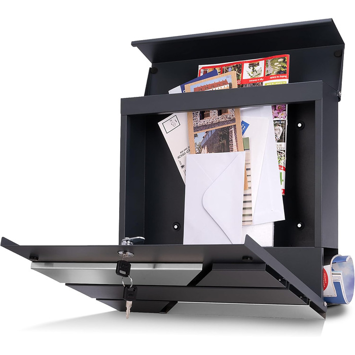 Поштова скринька Verda з газетницею, антрацит RAL 7016, срібло, 37x37x11 см, 2 ключі, комплект для монтажу. Дизайнерська настінна поштова скринька