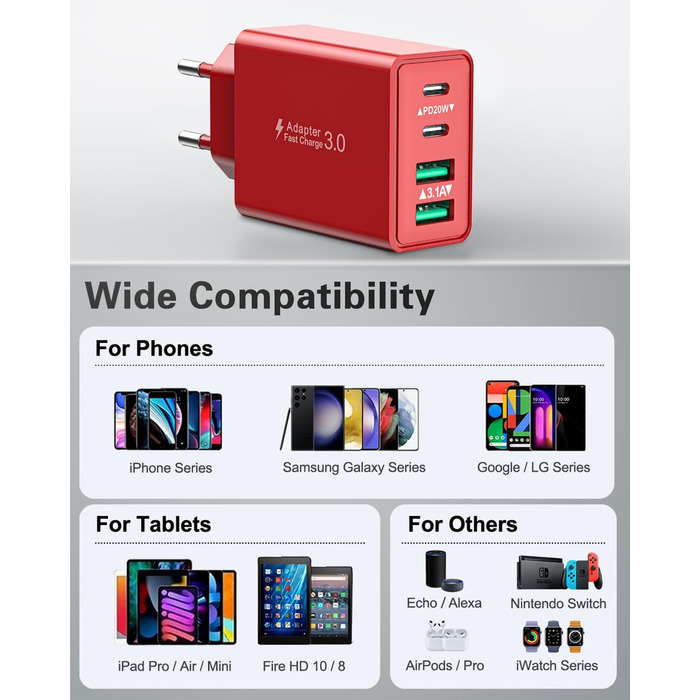 Мережевий адаптер USB C 40W з 4 портами, швидка зарядка, універсальний зарядний пристрій для iPhone, iPad, Samsung та інших телефонів (білий/червоний)