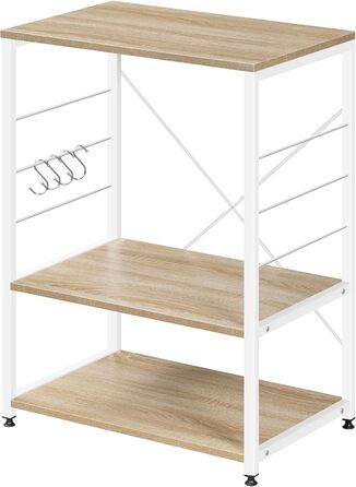 Kitchen Shelf, Microwave Shelf with 4 Hooks, Baking Shelf with 3 Tiers, Storage Shelf for Kitchen, Cafe, Living Room, Bathroom, 60 x 82 x 40 cm, Light Oak + White