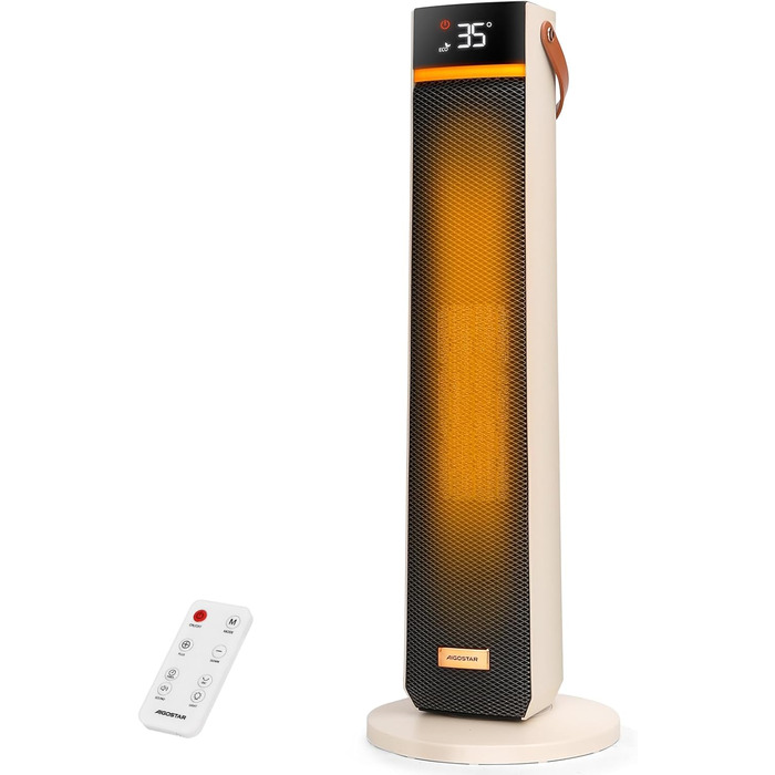 Електричний обігрівач Aigostar 2000W з пультом керування, ECO-режим, PTC кераміка, таймер 24год, тихий, осциляція 75°, 4 режими, захист від перекидання та перегріву, білий