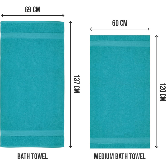 Рушники для ванної Utopia Towels 6 шт, 100% бавовна, 60x120 см, бірюзові, м'які та вбираючі, з петелькою для підвішування