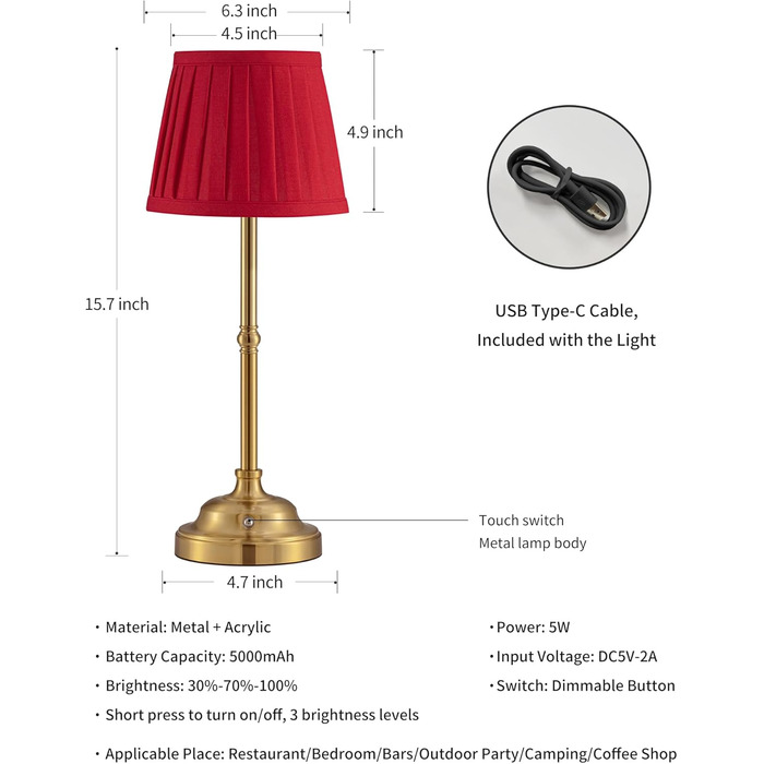 LED Настільна лампа бездротова, димована вінтажна приліжкова лампа, ретро акумуляторна настільна лампа 4000mAh, для дому, бару, вітальні (Золото + Червоний абажур, 2 шт)