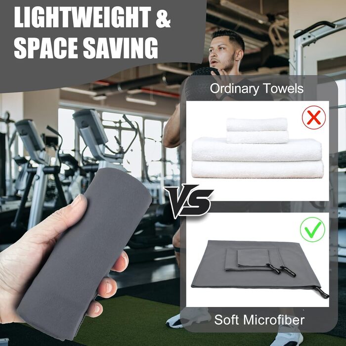 Набір рушників Neerow з мікрофібри (3 шт.): великий (152x76 см), фітнес (80x40 см), маленький (30x30 см), темно-сірий, швидковисихаючі