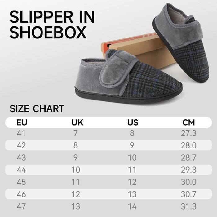 Теплі халапи для чоловіків TIESTRA з флокуванням, для діабетиків, широка нога, з фетрової в'язки, з підошвою з піною Memory Foam, з застібкою-липучкою, розмір 41-47 (Смужки сірого кольору, 46 EU)