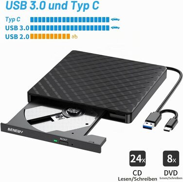 Зовнішній DVD-привід BENEWY USB 3.0 та USB-C, CD/DVD гравер для ноутбука та ПК (Windows, macOS, Linux)