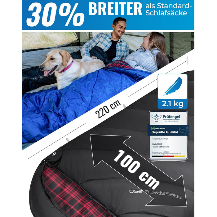 Сплячий мішок KingCamp XXL з бавовни фланелі для дорослих, великого розміру, теплий, зимовий, для кемпінгу, подорожей та активностей на відкритому повітрі, 4-сезонний, 220x100 см, класичний чорний