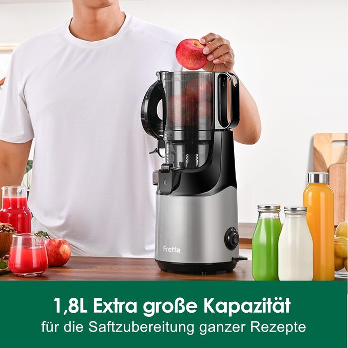 Fretta Slow Juicer with 135mm Opening, Juicer for Vegetables and Fruit Test Winner, 250W Breastfeeding Juicer with Cold Press, Easy Cleaning & Powerful Motor, BPA-free (Grey, 1.8L) 1.8L Grey