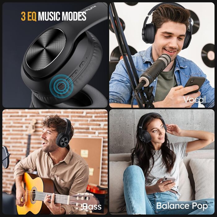 Bluetooth навушники TuneFlux Over Ear: 80 годин роботи, 3 режими EQ, HiFi Stereo, мікрофон, чорний