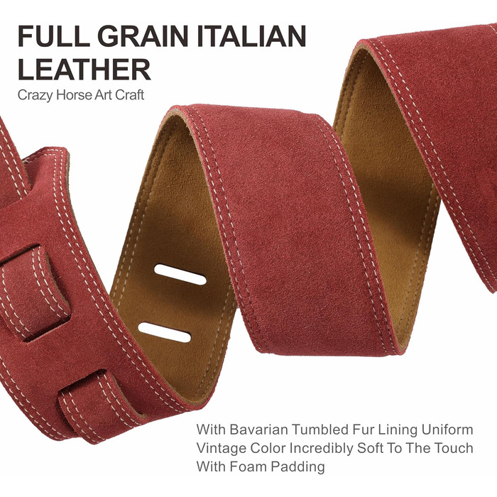 Гітарний ремінь Nefelibata з повного нубуку, 2,5 см шириною, з м'якою підкладкою та петлею для кабелю, для акустичної, бас та електрогітари (Jujube Red)