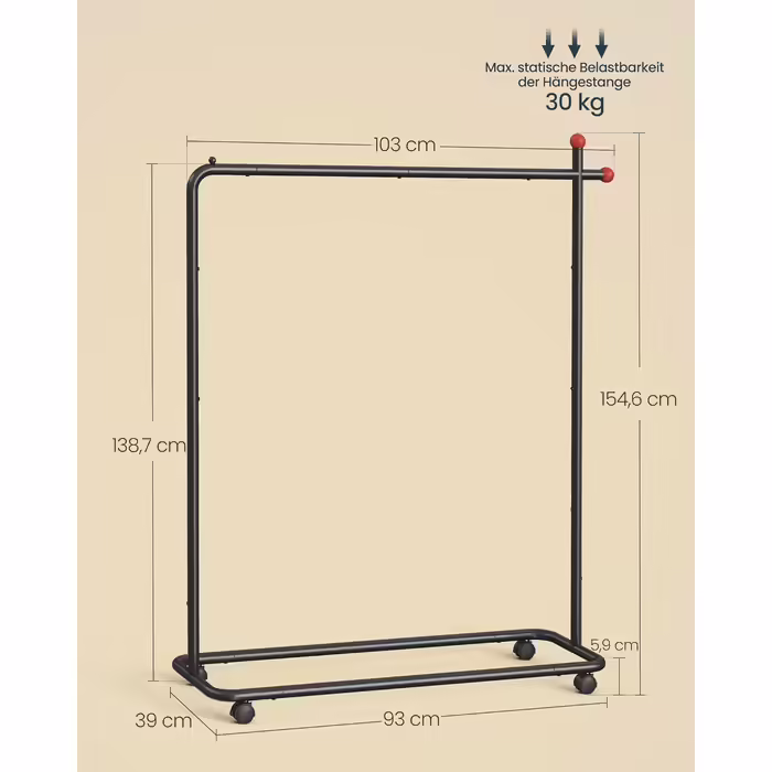 SONGMICS HOME Clothes Rack with Wheels, Coat Rack, 2 Clothes Rails, Shelf, Side Organizer, Matchstick-Shaped Hooks, Stable, Bedroom, Hallway, HSR171B01 (39W x 154.6H cm, Ink Black)