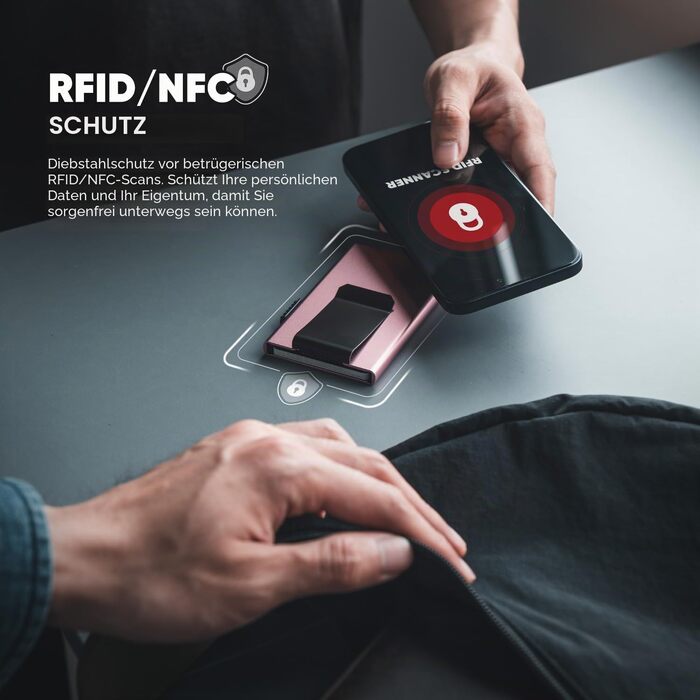 Мінімалістичний гаманець для карток VULKIT з RFID-захистом та Pop-Up механізмом, тонкий кредитний картхолдер з грошовою затискачкою (Колір: Rose Gold)