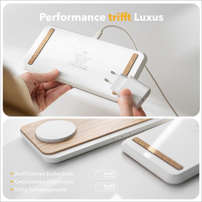 Woodcessories Multibase Pro: Бездротова зарядка 3-в-1 для iPhone, Apple Watch, AirPods з адаптером 45W (Дуб)