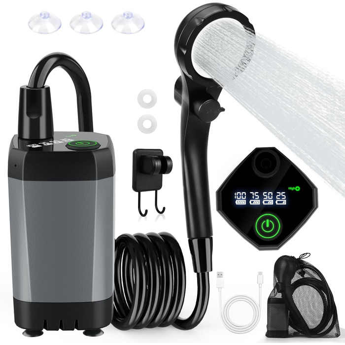 HOTOIQ Portable Electric Camping Shower with Pump - Outdoor Shower Set for Camping, Travel, Garden, Hiking, and Car Washing