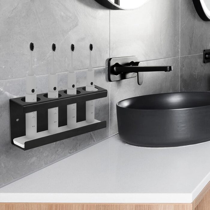 Настінний електричний тримач для зубних щіток на 4 слоти з підставкою для ополіскувача з діатоміту, сумісний з AquaSonic, Kingheroes, Oral-B (Чорний)