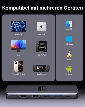 Док-станція для ноутбука Newmight з двома моніторами, адаптер HDMI 4K, Ethernet 1 Gbps, PD 100W, 3 USB 3.0, SD/TF Reader, для HP/Dell (Сірий)