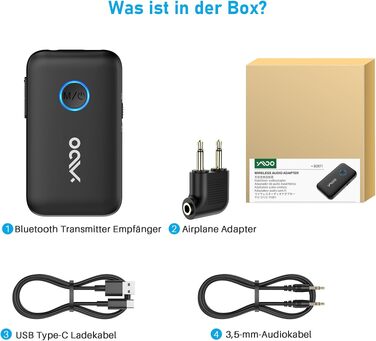 Bluetooth 5.3 адаптер YMOO 2-в-1 для ТБ та літака: ресивер та трансміттер з aptX Low Latency, роз'єм 3.5 мм, для навушників та колонок