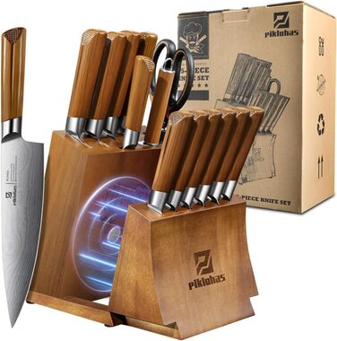 Набір кухонних ножів 15 предметів з дерев'яним блоком, сталь Damast, магнітний тримач, ножі для стейку - ідеальний подарунок