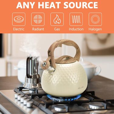 Чайник для плити Harriet Teekessel, 2.5 QT з флейтою, з 5-шаровим дном, з нержавіючої сталі, з термостійкою ручкою, підходить для газових та електричних плит, червоний глянцевий (бежево-білий глянцевий)