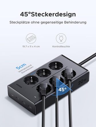 Мережевий фільтр UGREEN 10-в-1 з USB, подовжувач з 20W швидкою зарядкою USB-C, захист від перенапруги, 3680 Вт, кабель 1.5 м, для офісу та дому