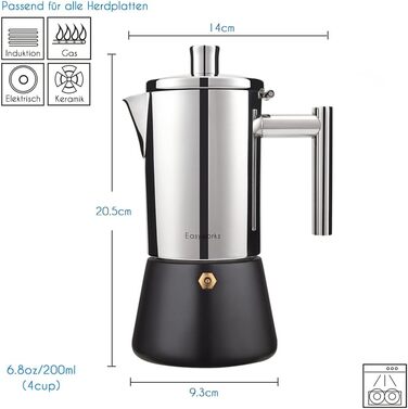 Easyworkz Diego Stovetop Espresso Maker, Stainless Steel, Italian Coffee Machine, Moka Pot for 6 Cups, 300 ml Espresso Pot for Induction (200ml, Black)