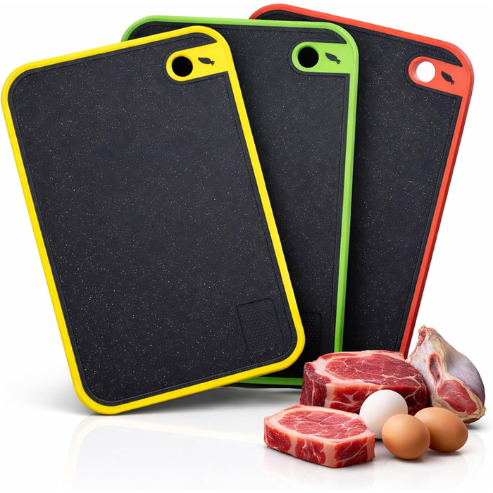 Набір з 3 дощок для нарізання з пластику, кухонні дошки з антибактеріальним покриттям, неслизькі з жолобом для соку та пресом для часнику (червоний, жовтий, зелений)