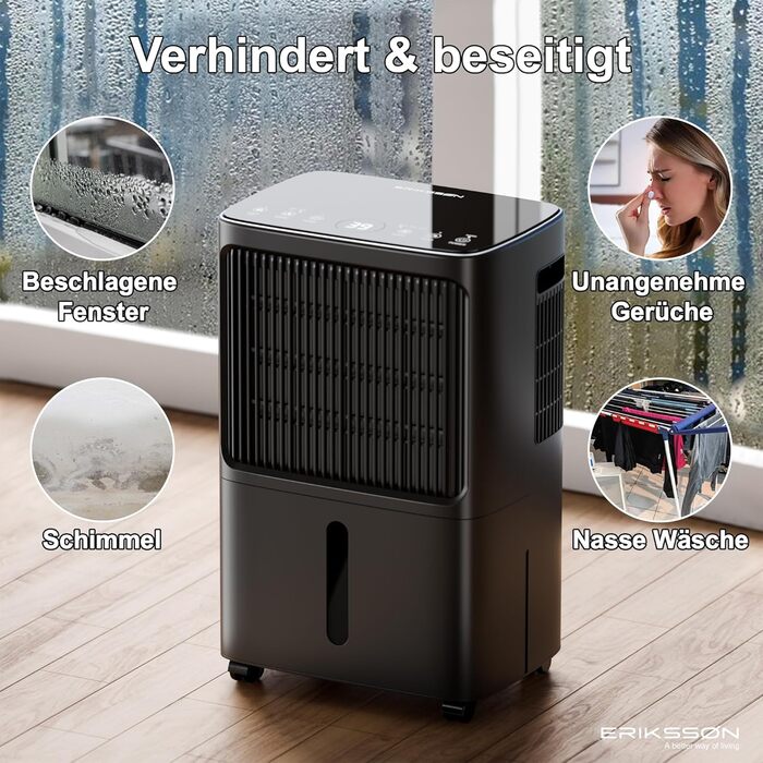 Зволожувач повітря Erikssøn з LED дисплеєм, таймером та захистом для дітей | видаляє 16 л вологи на добу | для приміщень до 140 м³ (70 м²) | енергоефективний зволожувач з датчиком вологості, білий (чорний)