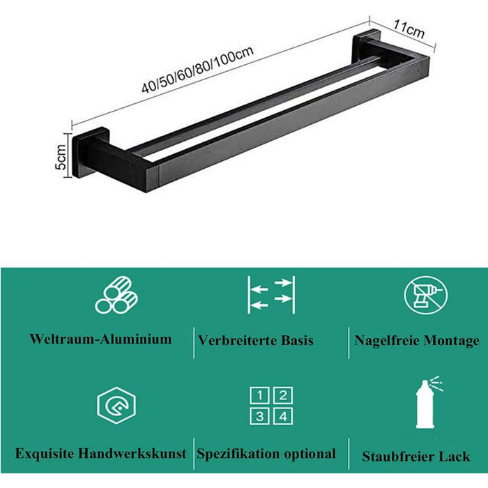 Тримач для рушників на стіну, чорний мат, з подвійними перекладинами, нержавіюча сталь, 100 см, для ванної кімнати