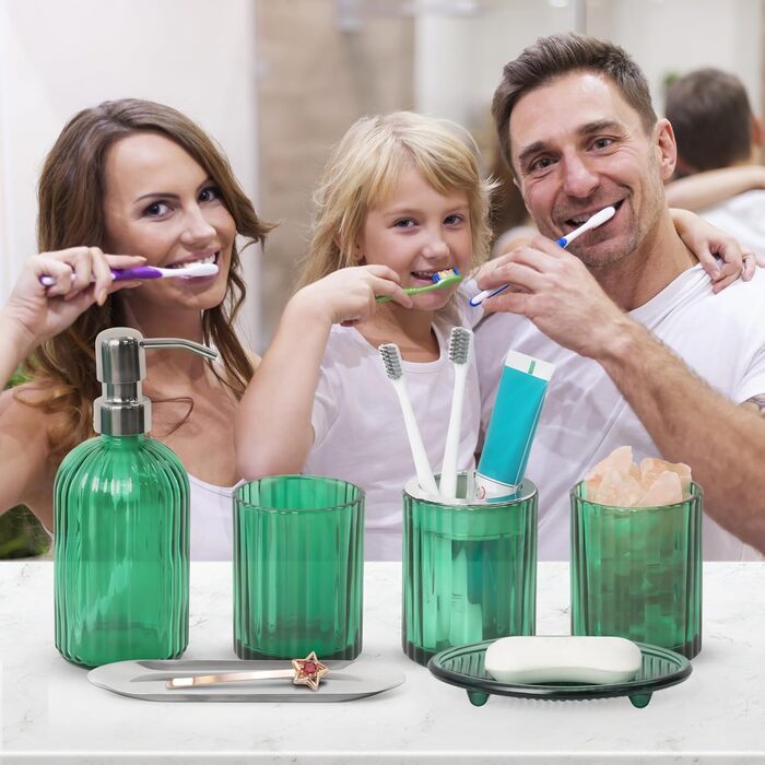 Umimile Bathroom Accessories Set, 6-Piece, Green Glass, Complete Toothbrush Holder, Cup, Lotion Dispenser, Soap Dish, Vanity Tray, Aromatherapy Cup for Apartment, Bathroom Decor