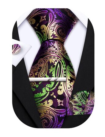 Краватка чоловіча Barry.Wang однотонна павлижий візерунок сатин з нагрудною хустинкою для весілля, золотисто-фіолетова