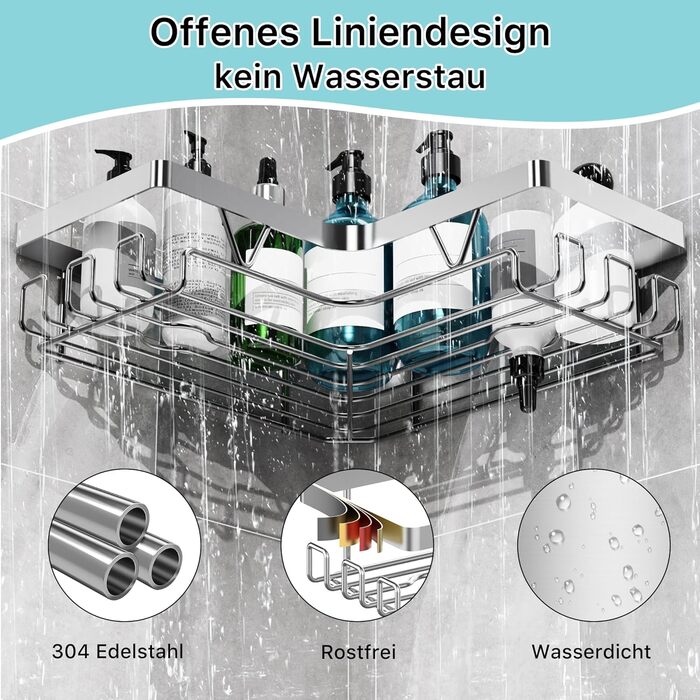 Полиця для душу YIGII без свердління, 3 шт. з нержавіючої сталі, органайзер для ванної кімнати, велика місткість, самоклеюча з мильничкою та 4 гачками, тримач для шампуню, сріблястий (2 шт.)