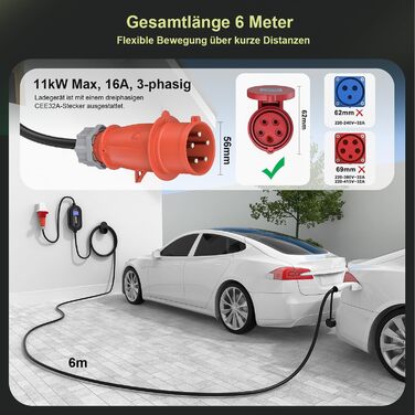 Зарядний пристрій (Wallbox) 11 кВт Type 2, CEE 16A, 6м, 3 фази, з лічильником електроенергії та таймером, для електромобілів (BEV/PHEV), Чорний