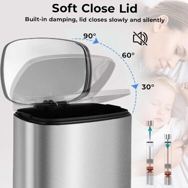 Відро для сміття LIFERUN 30л з кришкою, з м'яким закриттям, сталеве, з внутрішнім відром, для кухні, ванної кімнати, офісу