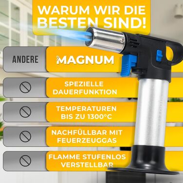 Кулінарний газовий пальник MAGNUM® для карамелізації та фламбування, 1300°C, з запасом газу 300 мл, багаторазовий преміум-пальник для Крем-брюле