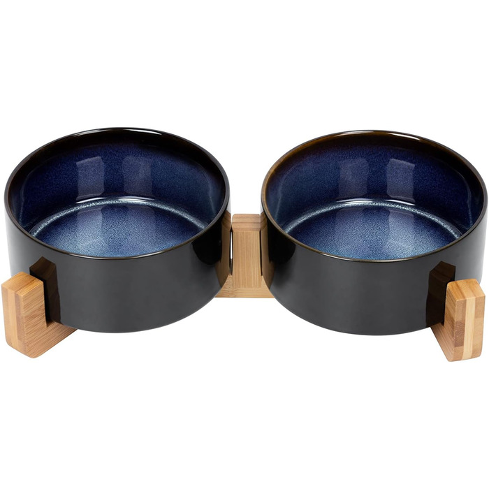 Миска для собак та котів SPUNKYJUNKY з кераміки, велика, 850 мл, піднята на бамбуковому стійці, колір «Зоряне небо»