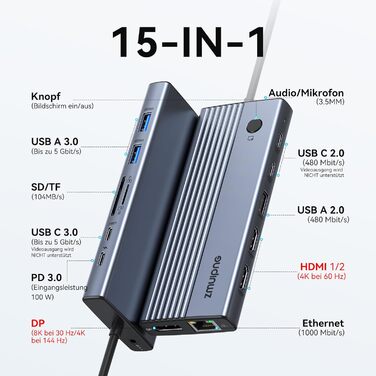 Док-станція USB-C для ноутбука: 2 монітори 4K HDMI, DP, Ethernet, 4 USB, 100W PD, SD/TF, Audio/Mic (15 в 1)