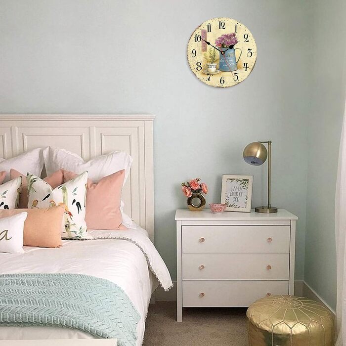 Toudorp Wooden Wall Clock Arabic Numerals Easy to Read Silent Wall Clock Retro Battery Powered Cafe and Flower Pattern Decorative Wall Clock for Bedroom, Living Room, Dining Room (Cafe and Flowers, 8 inches)