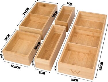 Bamboo Drawer Organizers, 5-Piece Set, with Various Compartments and Removable Dividers, Set of 5 Sturdy Wooden Storage Boxes with Extra Foot Pads for Home and Office